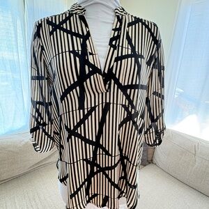 Beige/Black Slightly Sheer Geometric Modern Design 3/4 sleeve. Women's Blouse